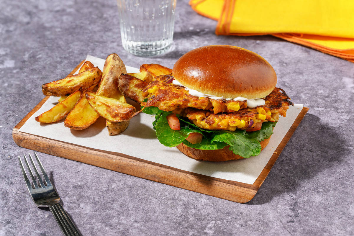 Cheesy Mumbai Corn Fritter & Halloumi Burger