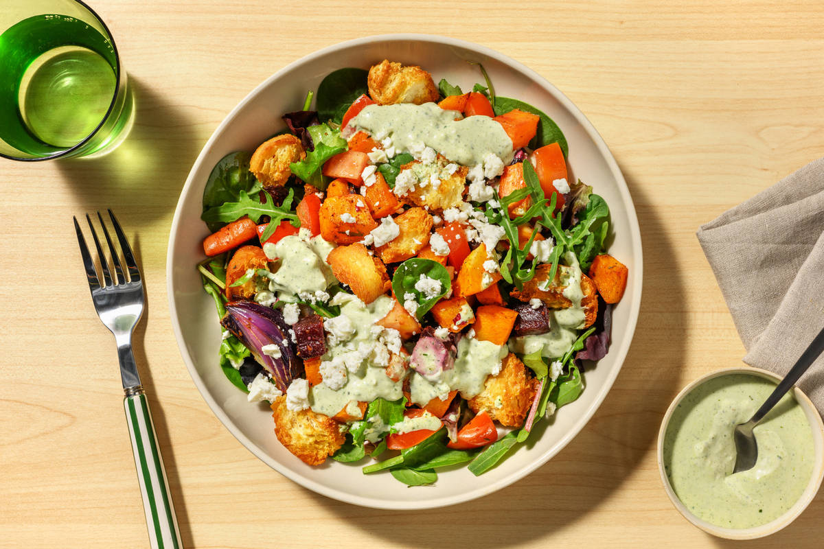 Roast Root Veggie, Halloumi & Crouton Salad