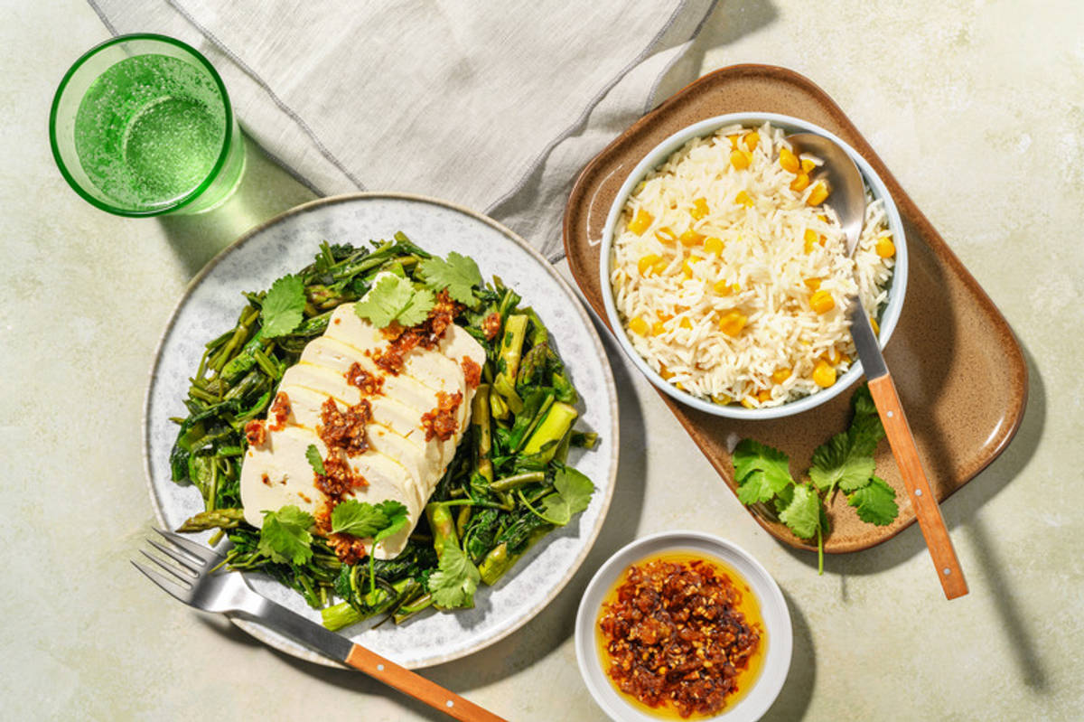 Tender Tofu, Chicken & Crispy Chilli Oil Drizzle