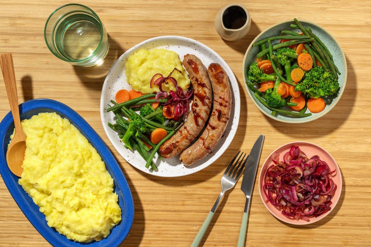 Family-Style Pork Sausages, Cheesy Mash & Brioche Buns