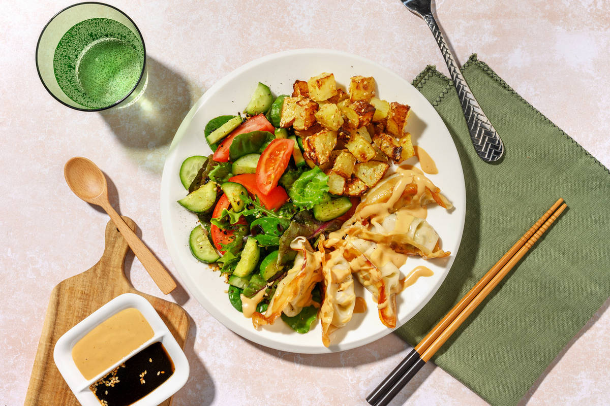 Veggie Gyozas, Prawns & Golden Sesame Potatoes