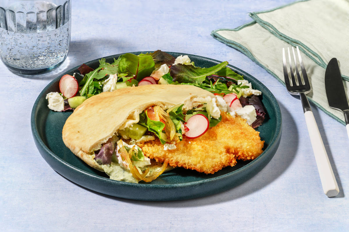 Shortcut Double Crumbed Fish & Fetta Salad Pita