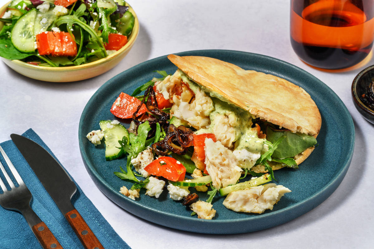 Shortcut Crumbed Fish & Fetta Salad Pita