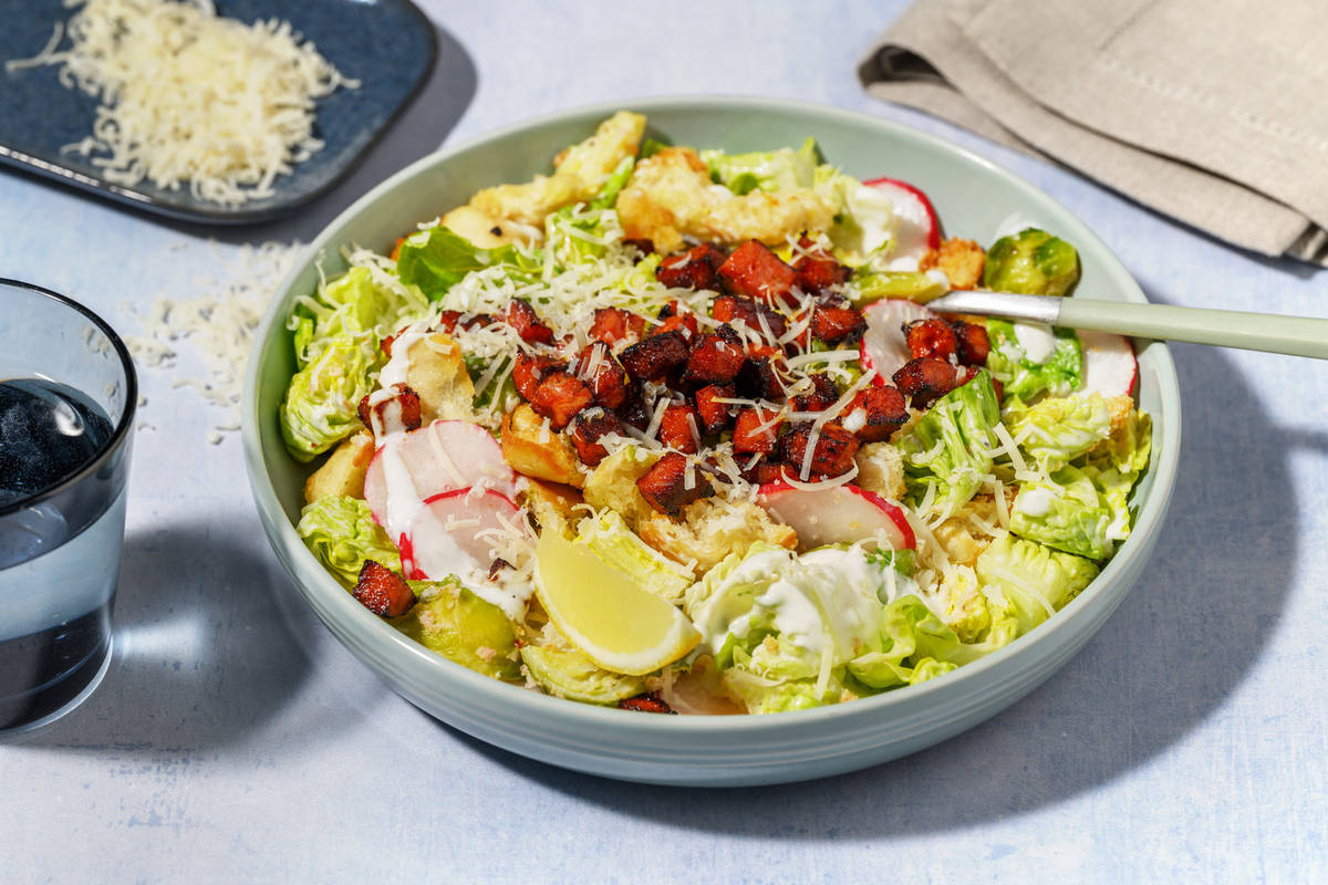Quick Double Chorizo & Brussels Sprout Caesar Salad