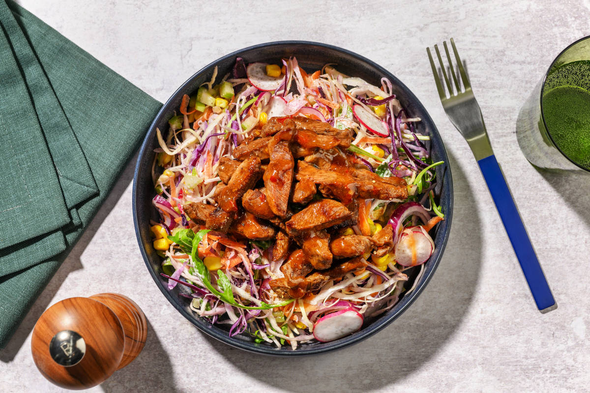 Super Quick Asian Beef, Prawn & Rainbow Slaw