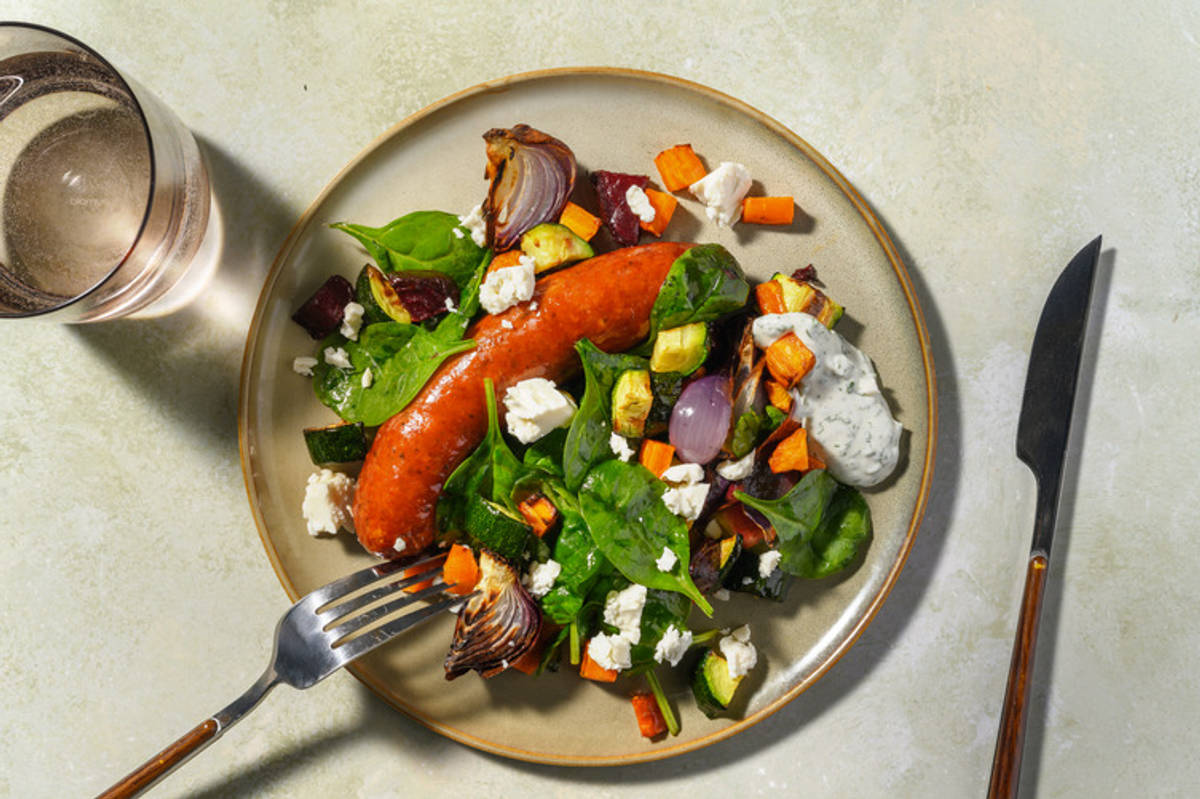 One-Tray Crispy Chorizo, Chicken & Root Veggie Toss