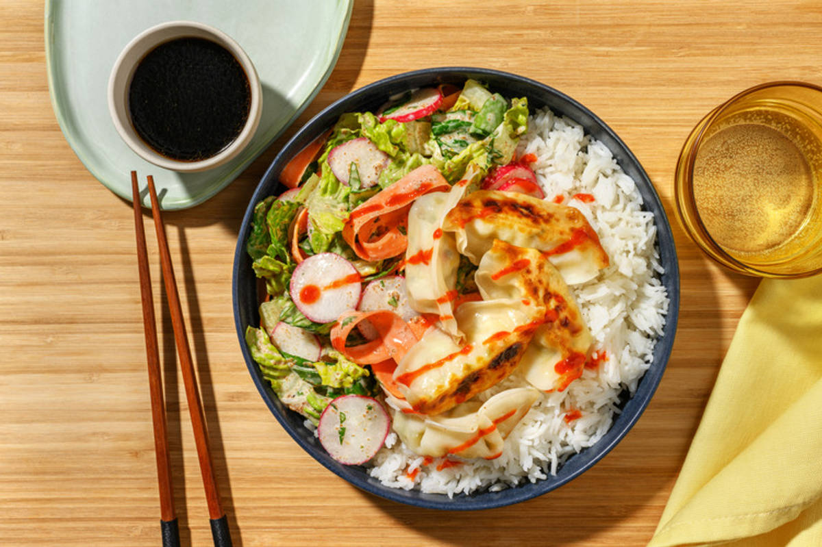 Veggie Gyozas & Sesame Carrot Ribbon Salad