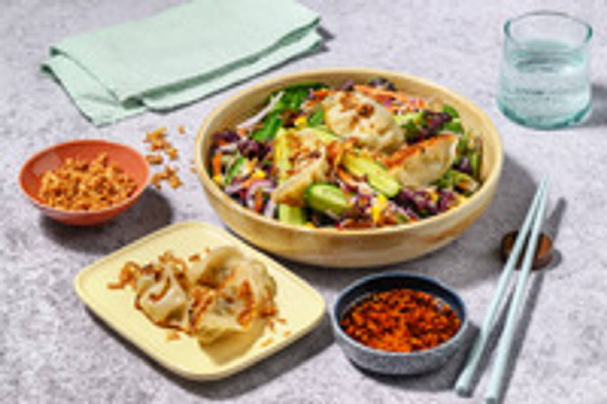 Double Veggie Gyozas & Miso-Sesame Quke Salad