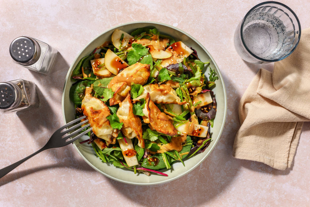 Golden Veggie Gyozas, Chicken & Pea Pod Salad