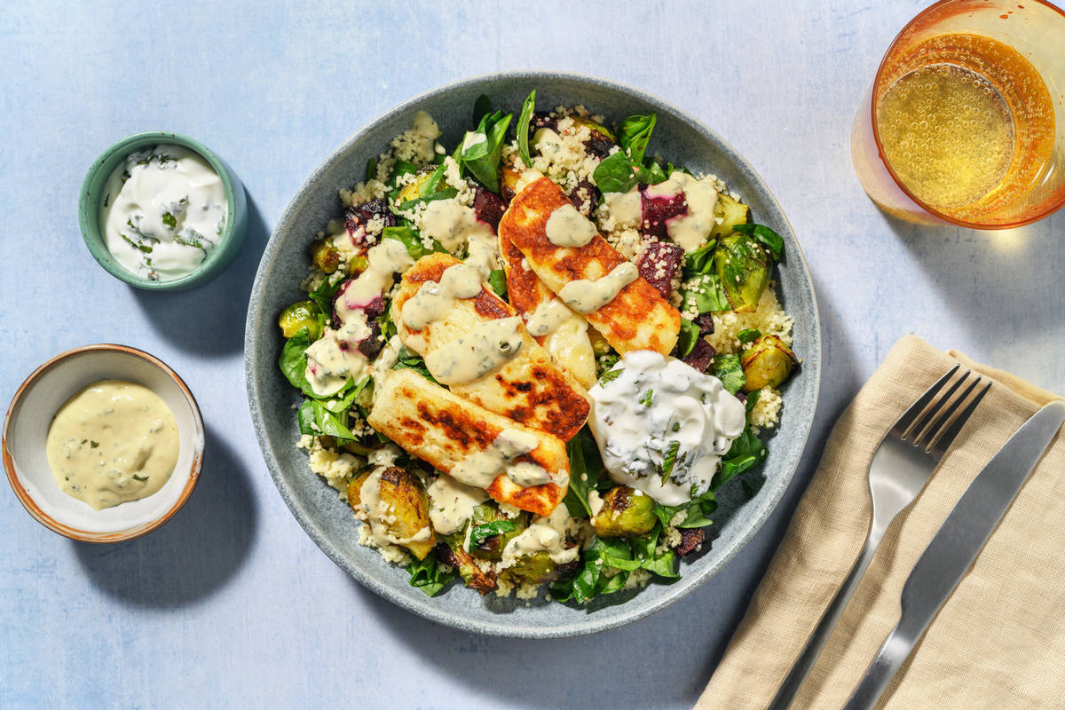 Golden Haloumi, Salmon & Roast Veggie Couscous