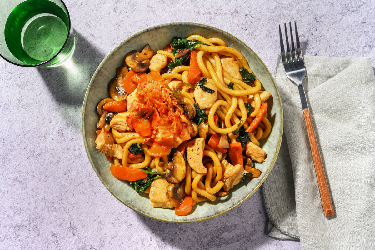 Express Chicken & Kimchi Udon Noodle Stir-Fry