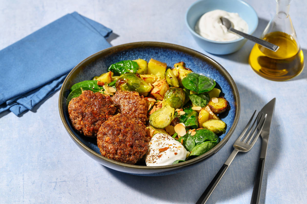 Classic Lamb Rissoles & Bacon Roast Veggie Toss