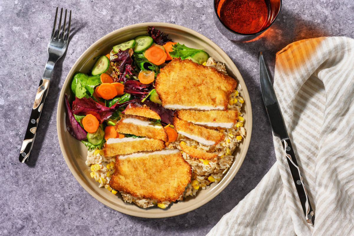 Peppercorn Crumbed Pork & Corn-Studded Rice