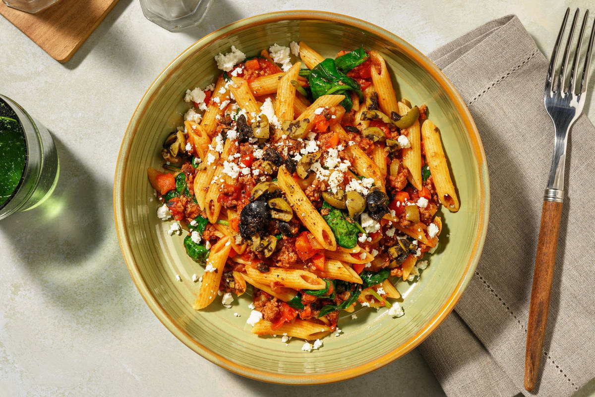 SuperQuick Mediterranean-Style Beef Penne