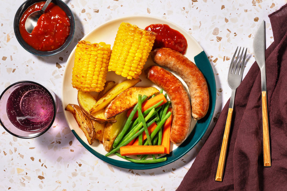 Herby Beef Bangers & Charred Corn