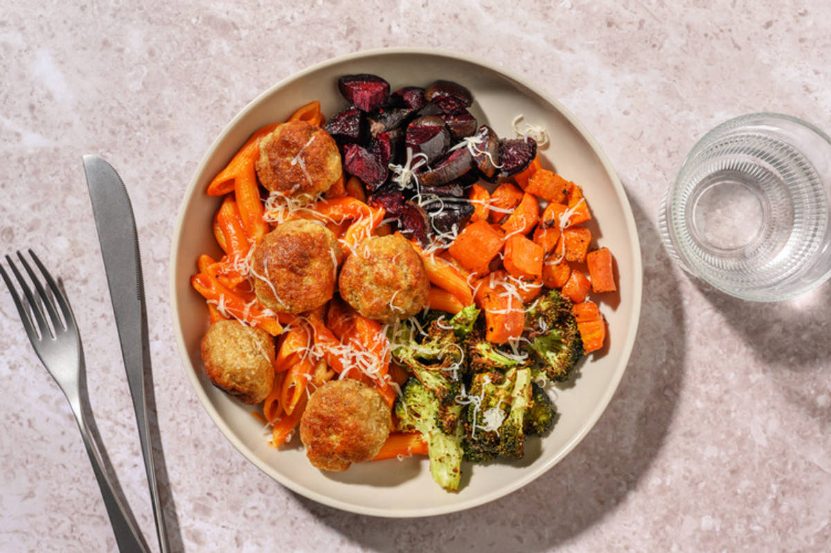 Double Pork Meatball & Rainbow Veg Pasta Party