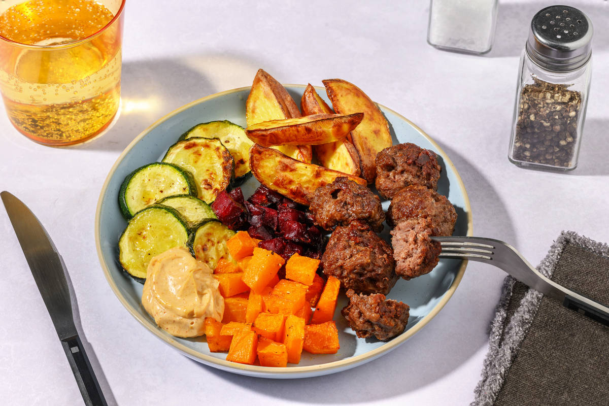 Double Beef Meatballs & Rainbow Veggie Traybake