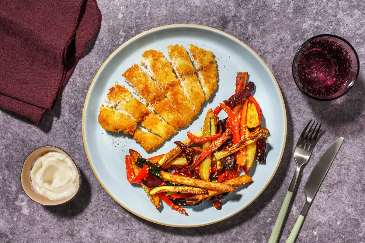 Crunchy Crumbed Chick'n Dippers & Rainbow Veggie Fries