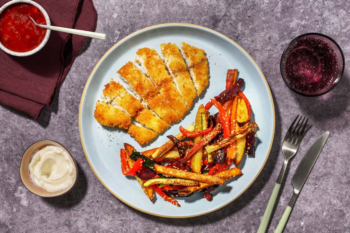 Crunchy Plant-Based Crumbed Chick'n Tendies & Rainbow Veggie Fries