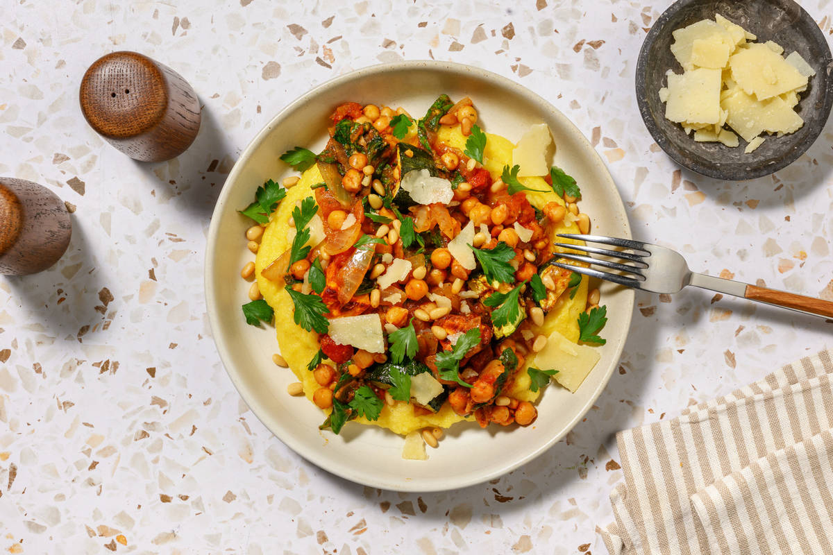 Pesto Chicken, Chickpea & Creamy Polenta Bowl