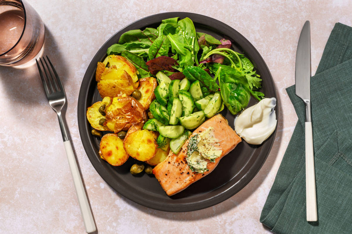 Scandi Style Baked Salmon and Dill Garlic Butter