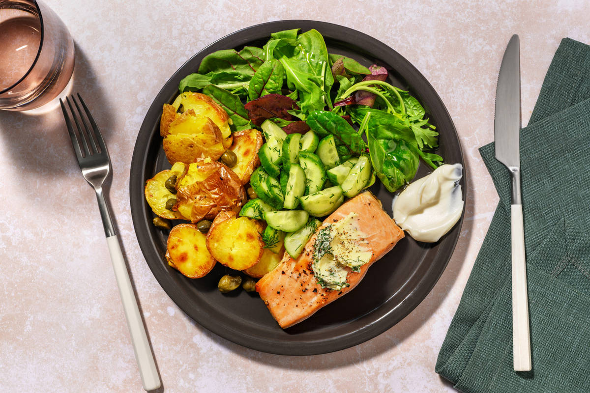 Scandi Style Baked Salmon and Dill Garlic Butter