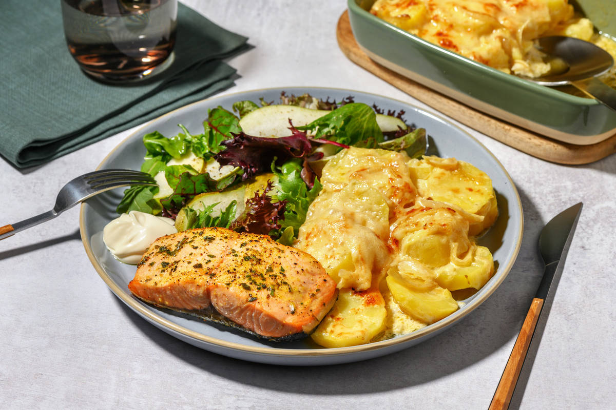 Lemon & Herb Salmon and Caramelised Onion Dauphinoise