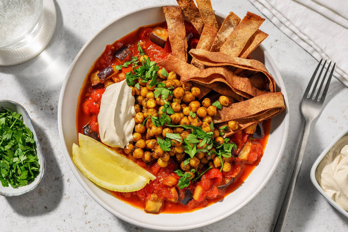 Eggplant Fatteh with Roasted Chickpeas