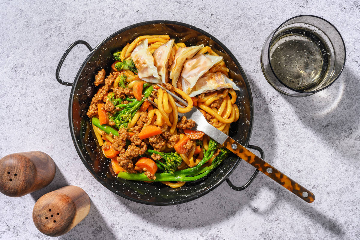 One Pan Hoisin Beef & Pork and Veggie Gyoza Udon