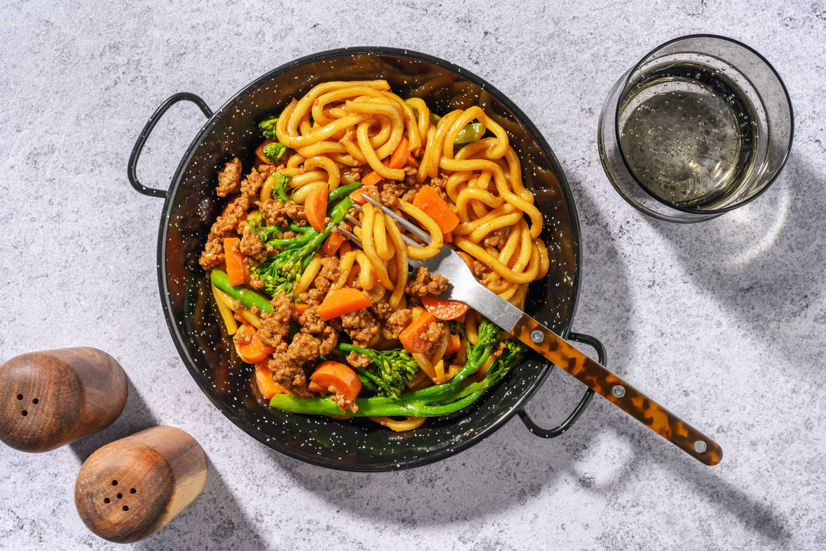 One Pan Hoisin Beef and Pork Udon