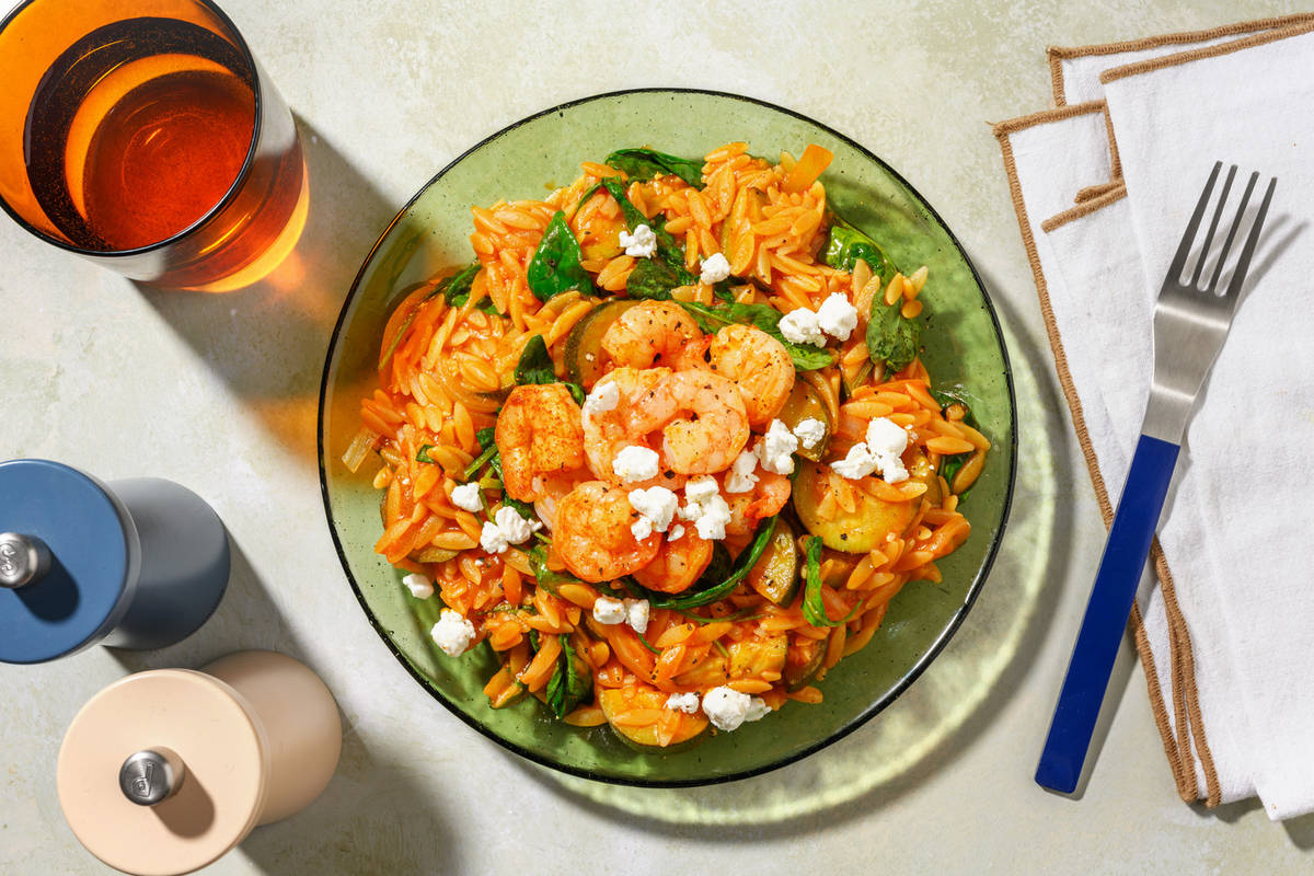 Saganaki Inspired Baked Orzo and Paprika Prawns
