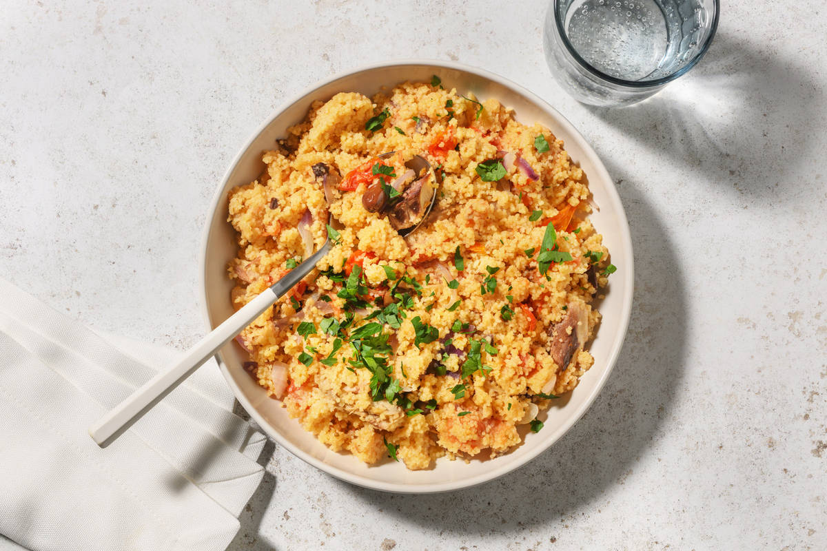 Couscous saporito allo sgombro, gamberetti e olive