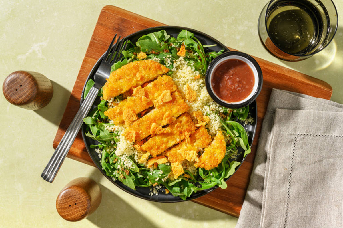 Escalope vegano crujiente con vinagreta de fresa