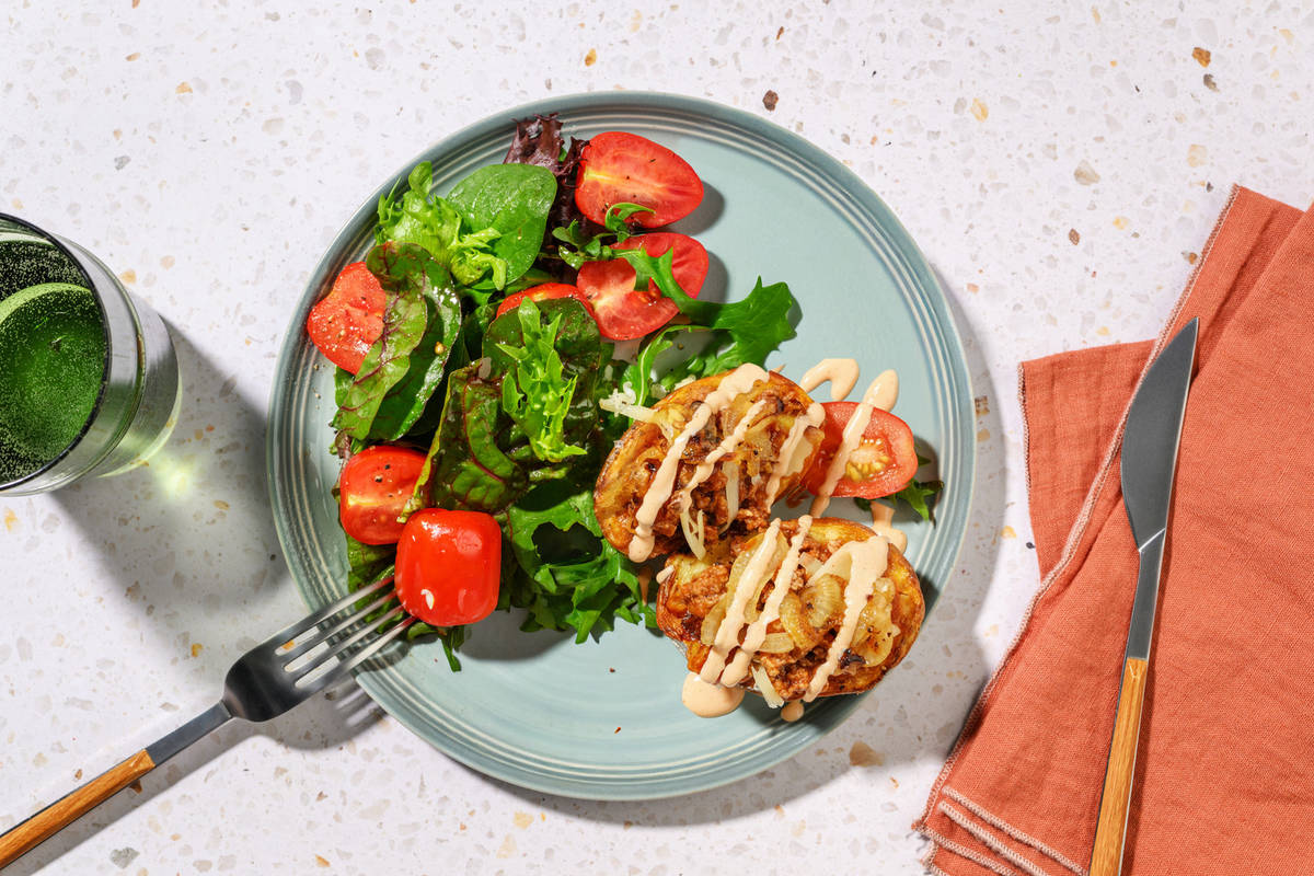 Beef Cheeseburger Loaded Jacket Potato
