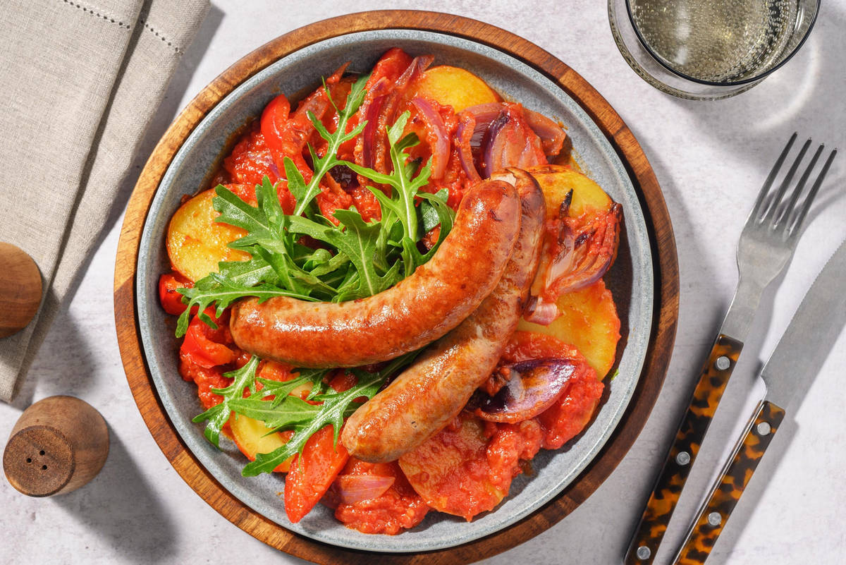 Lecsó style pork sausage and vegetable hotpot