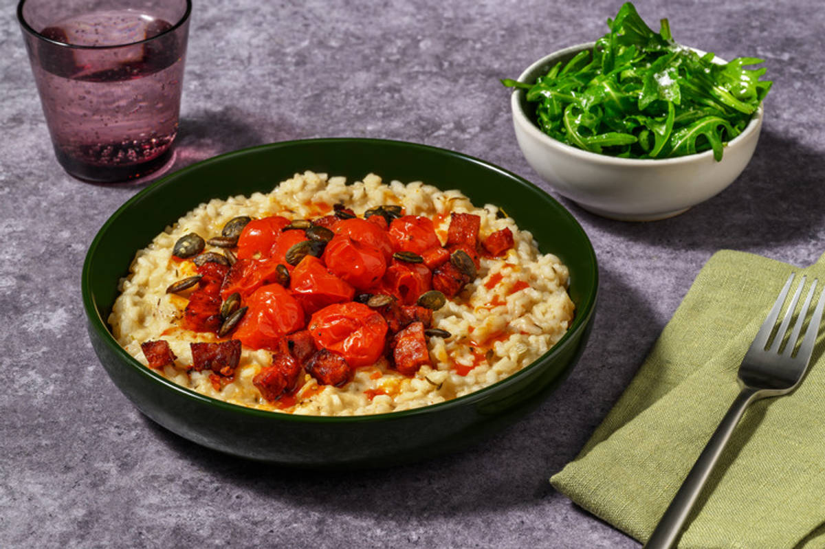 Chorizo- och körsbärstomatsrisotto