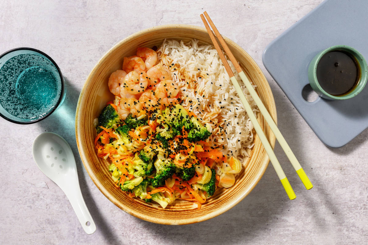 Bol exprés de langostinos con vinagreta de soja