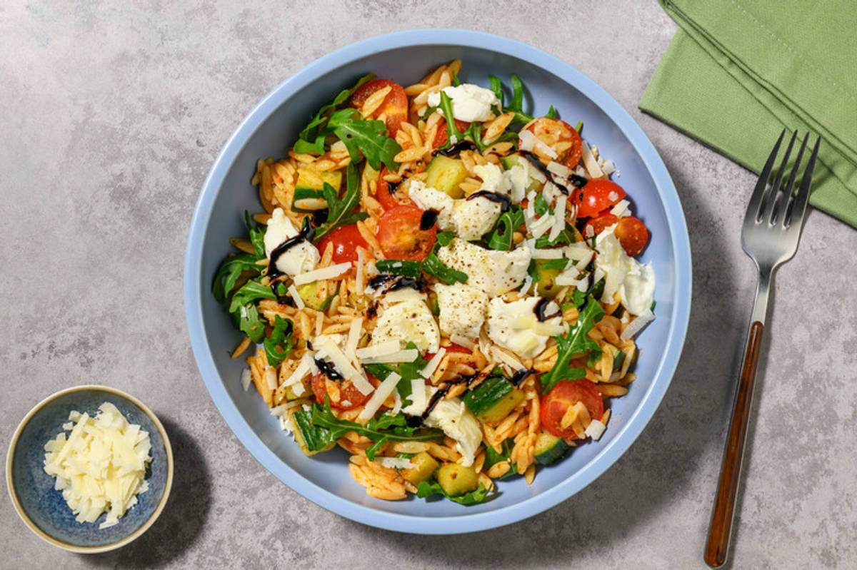 Sun Dried Tomato Orzo and Mozzarella Salad with Chorizo