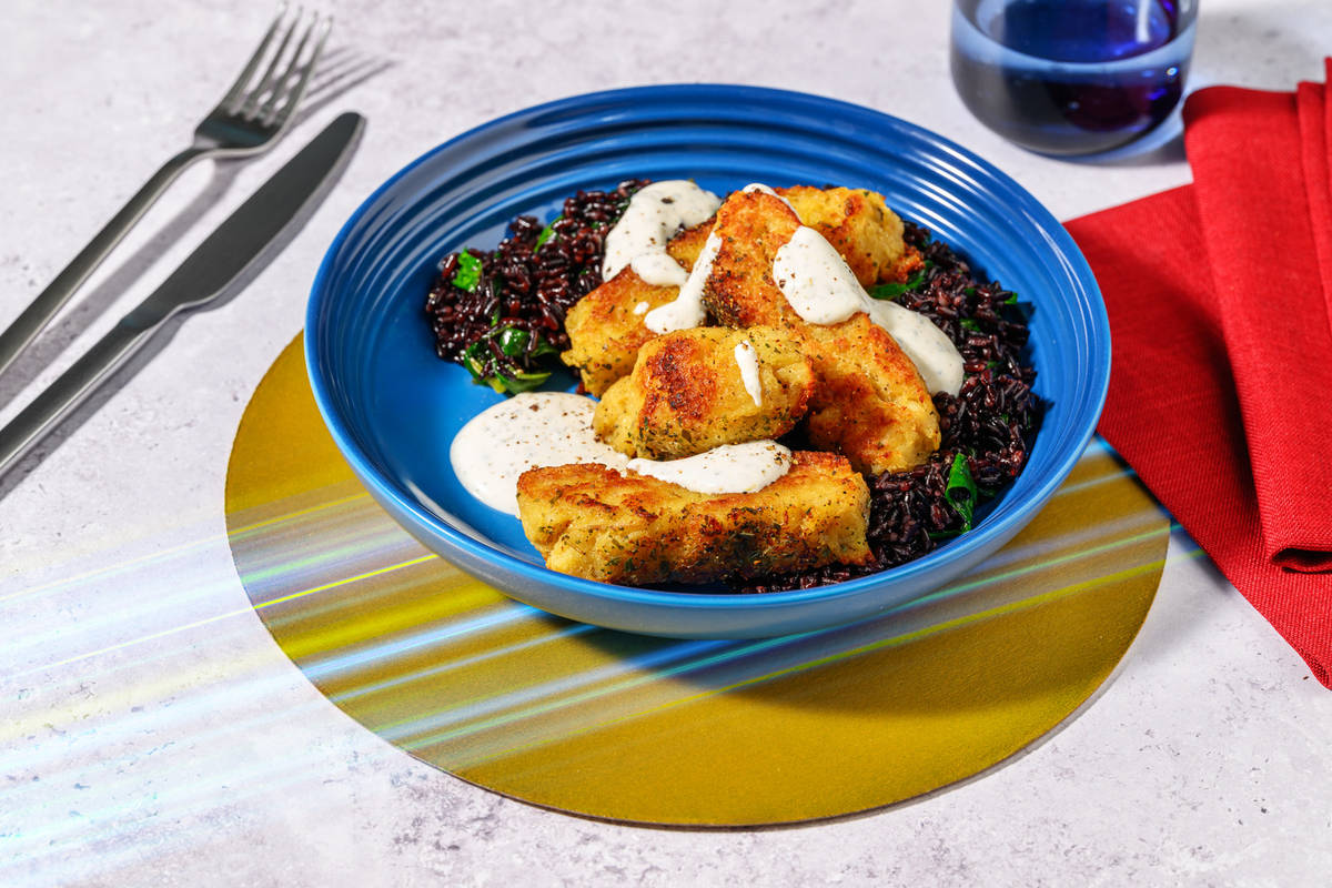 Turbo bowl ai bastoncini di pesce e riso nero