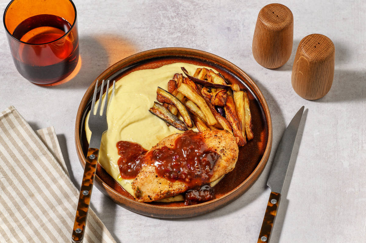 Extra de pollo en salsa dulce de ciruela con berenjena