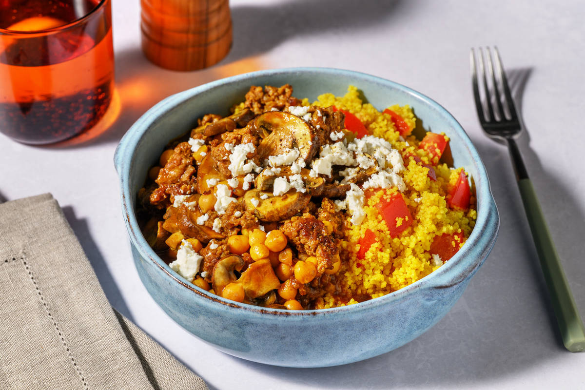 Speedy Harissa Beef, Mushroom and Chickpea Bowl