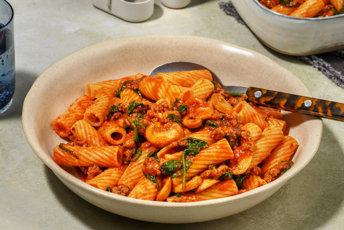 Red Wine, Mushroom, Beef and Bacon Rigatoni