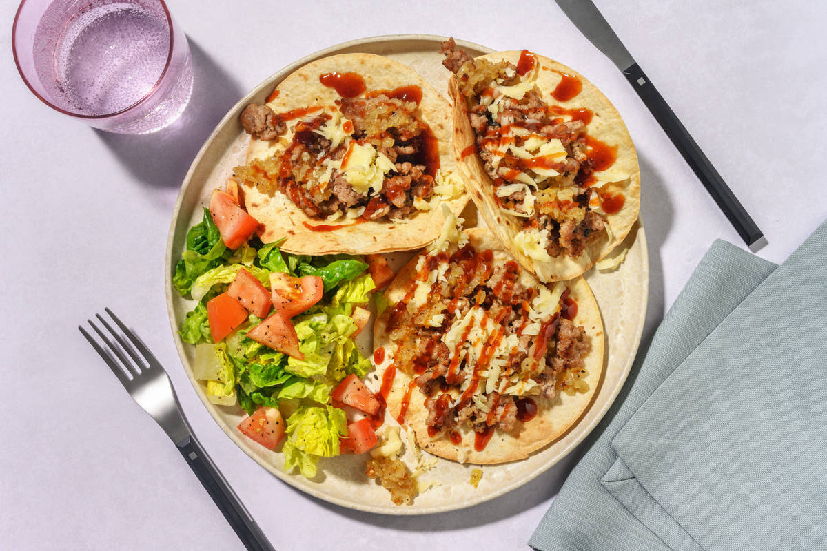 Sausage Smash Burger Inspired Tacos and Baby Gem