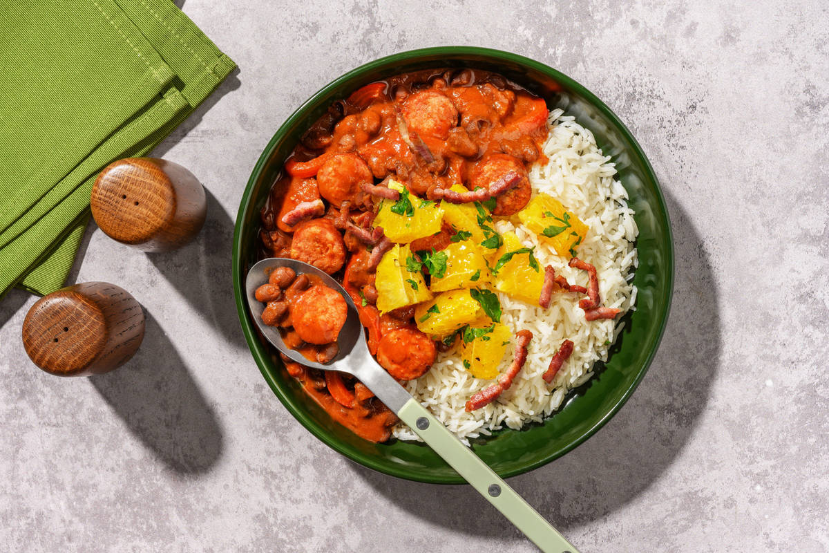 Feijoada Inspired Bacon, Smoked Sausage & Black Bean Bowl