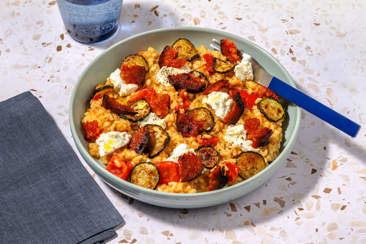 Crispy Chorizo Topped Oven-Baked Tomato Risotto