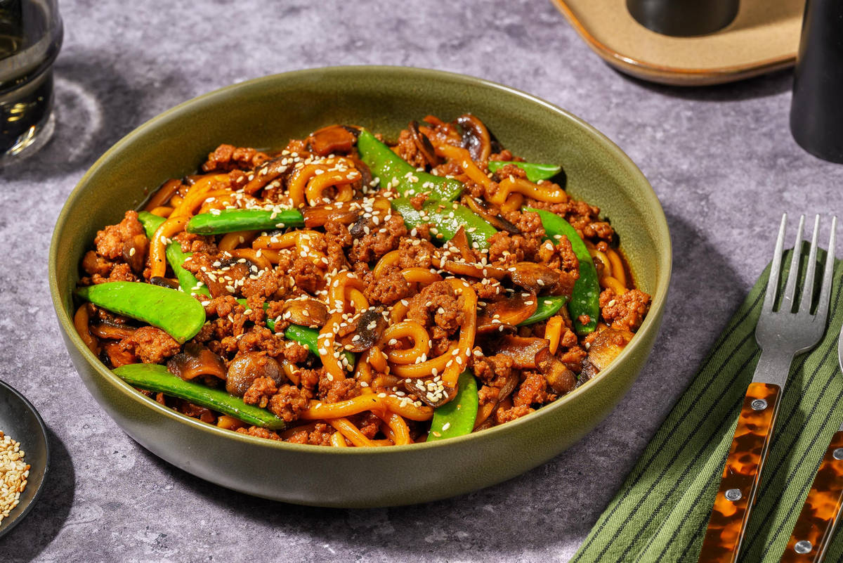 One Pan Sesame-Ginger Miso Beef Udon