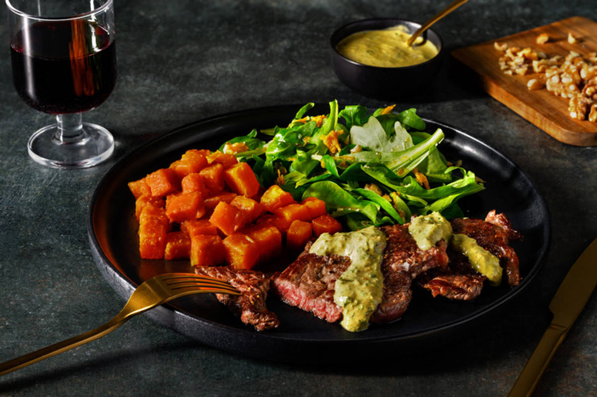 Picaña con chimichurri casero y boniato al miso cítrico