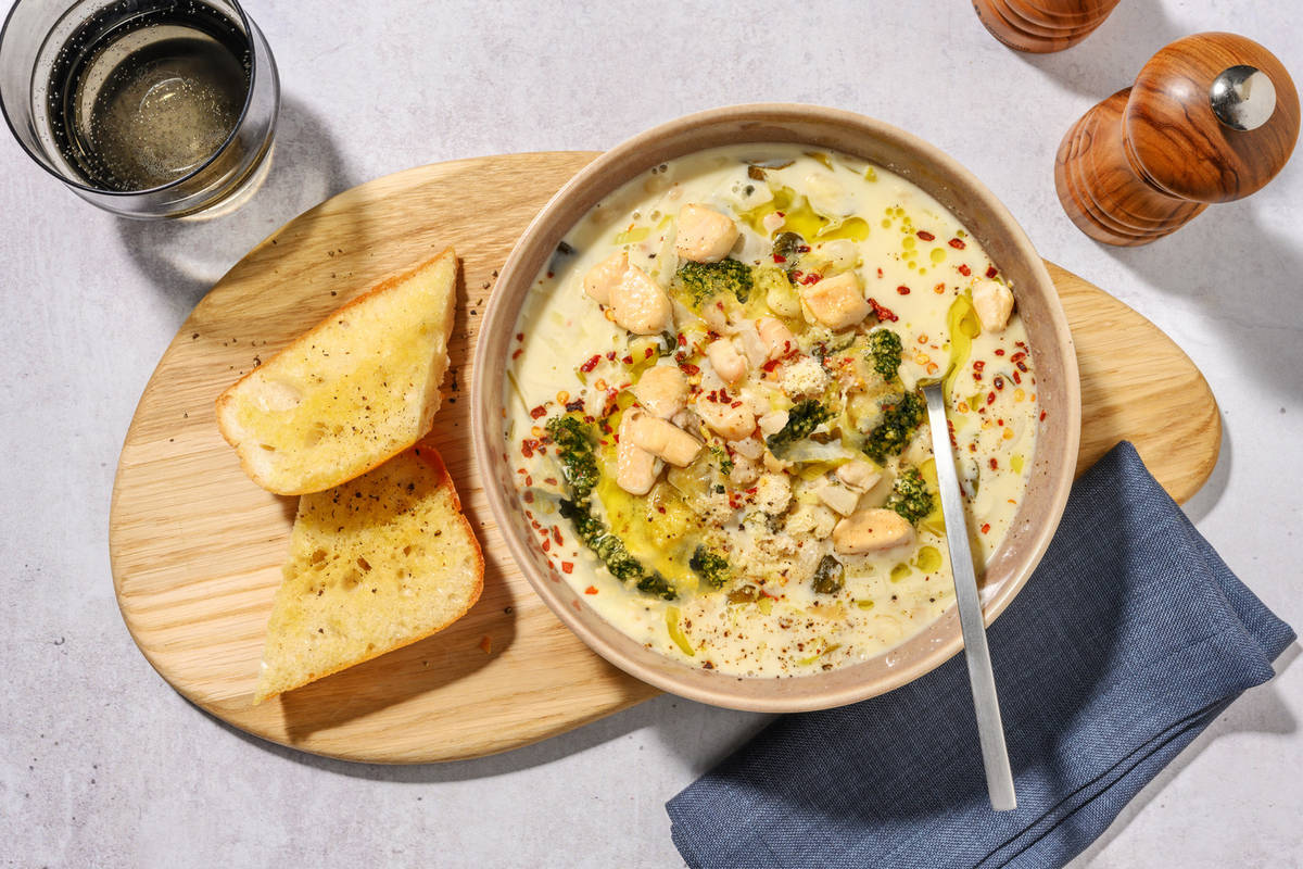 One Pot Creamy Chicken, Leek and Butter Bean Pesto Soup