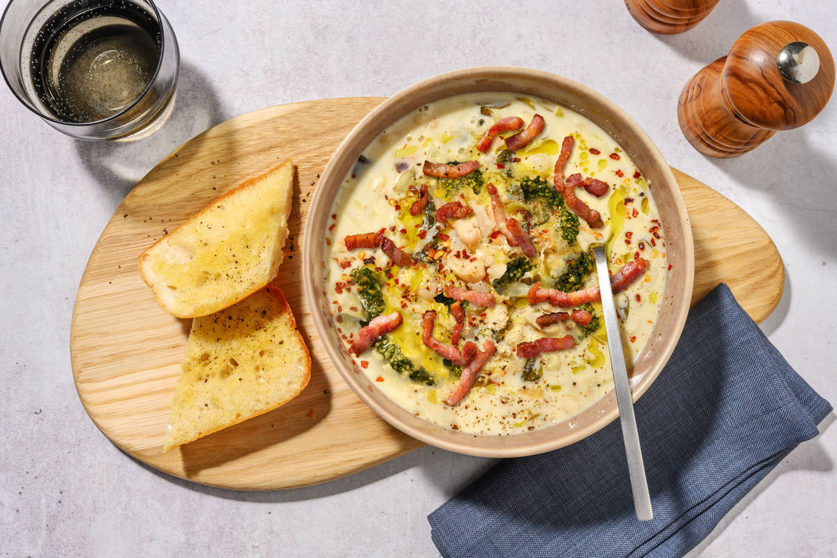 One Pot Creamy Bacon, Leek and Butter Bean Pesto Soup