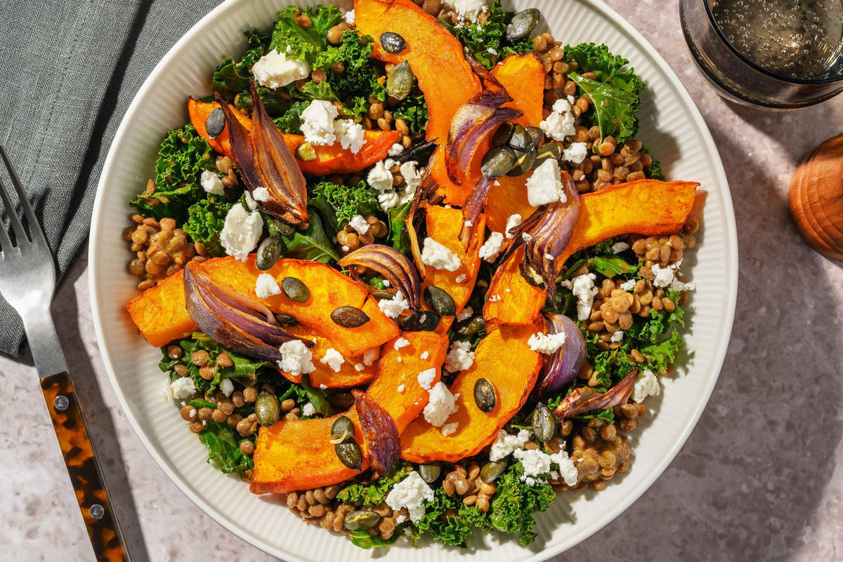 Kürbissalat mit Baby Federkohl und Linsen